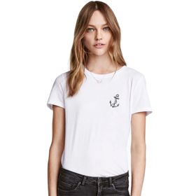 Qivi Gri Çapa Tişört Çapa Dövme Baskıresim Baskılı Beyaz Kadın Örme T-shirt