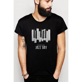 Qivi International Jazz Day Piano Button Baskılı Siyah Erkek Örme T-shirt