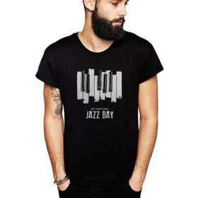 Qivi International Jazz Day Piano Button Baskılı Siyah Erkek Örme T-shirt