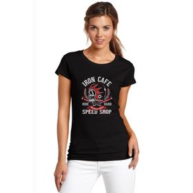 Qivi Iron Cafe Speed Shop Baskılı Siyah Örme Kadın T-shirt