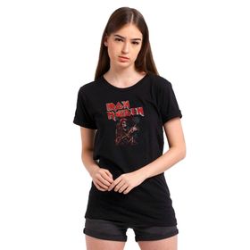 Qivi Iron Maiden Ed Force One Canavar Yolda Baskılı Siyah Örme Kadın T-shirt