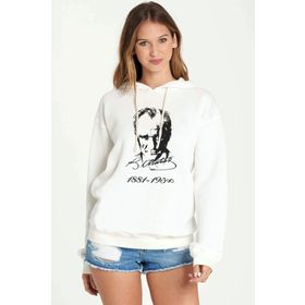 Qivi K Atatürk İmza 1881 1938 Baskılı Beyaz Uzun Kol Örme Kadın Sweatshirt