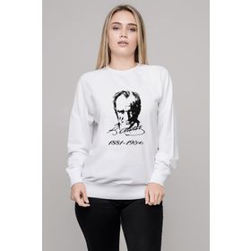 Qivi K Atatürk İmza 1881 1938 Baskılı Beyaz Uzun Kol Örme Kadın Sweatshirt