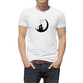 Qivi Kediler Aşk Ay Yıldızlar Baskılı Beyaz Erkek T-shirt