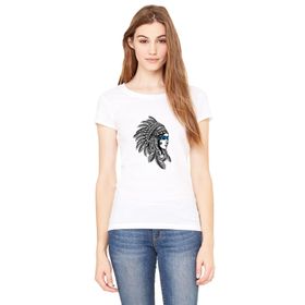 Qivi Kızılderili Kadın Baskılı Mavi Şeritli Baskılı Beyaz Örme Kadın T-shirt