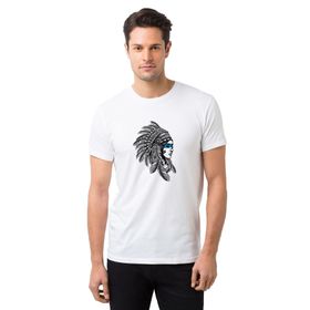 Qivi Kızılderili Kız Mavi Şeritli Baskılı Beyaz Erkek T-shirt