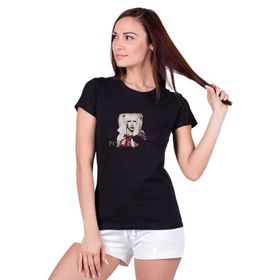 Qivi Lady Gaga Poker Face Baskılı Siyah Örme Kadın T-shirt