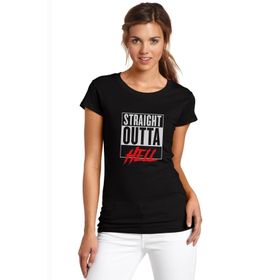 Qivi Lucifer Straight Outta Hell Baskılı Siyah Örme Kadın T-shirt