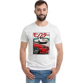 Qivi Nissan Skyline Gtr R32 R34 Baskılı Beyaz Erkek Örme T-shirt