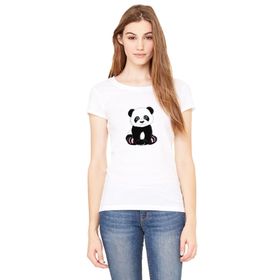 Qivi Panda Baskılı Beyaz Kadın Örme T-shirt