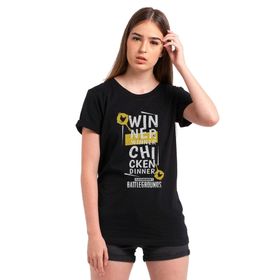 Qivi Pubg Winner Winner Baskılı Siyah Örme Kadın T-shirt