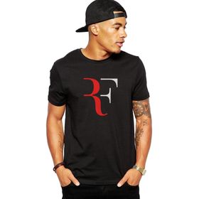 Qivi Roger Federer RF Baskılı Siyah Örme Erkek T-shirt