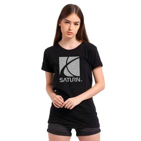 Qivi Saturn Baskılı Siyah Örme Kadın T-shirt