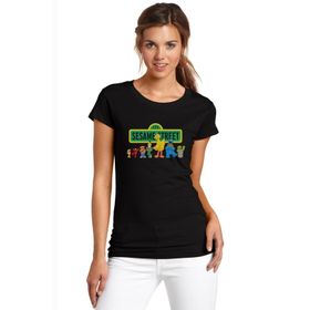 Qivi SFK0563KDNTS Susam Sokağı Baskılı Siyah Örme Kadın T-shirt