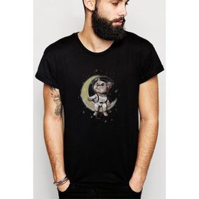 Qivi SFK0691ERKTS Cat Night Ayda Oturan Sevimli Kedi Baskılı Siyah Örme Erkek T-shirt