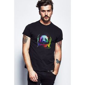 Qivi SFK0785ERKTS Uzaylı Panda Astronaut Panda Asronot Uzay Baskılı Siyah Örme Erkek T-shirt
