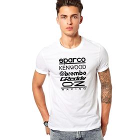 Qivi Sparco Kenwood Brembo Greddy O Z Racing Baskılı Beyaz Erkek Örme T-shirt