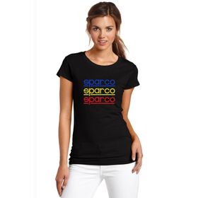 Qivi Sparco Logo Mavi Sarı Kırmızı Baskılı Siyah Kadın Örme T-shirt