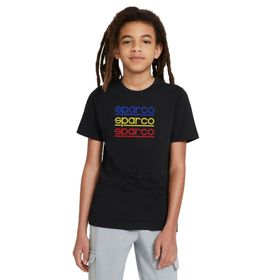 Qivi Sparco Logo Mavi Sarı Kırmızı Baskılı Unisex Çocuk Siyah T-shirt