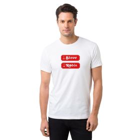 Qivi Stanger Things Robin & Steve Logo Baskılı Beyaz Erkek Örme T-shirt