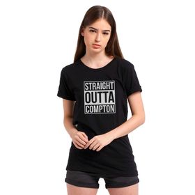 Qivi Straight Outta Compton Baskılı Siyah Örme Kadın T-shirt