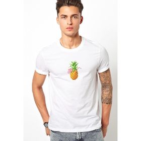 Qivi Suyu Smoothie Ananas Çizim Meyve Ananas Baskılı Beyaz Erkek Örme T-shirt