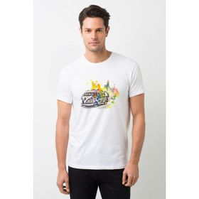 Qivi T1 Minibüs Gri Ton Volkswagen Beetle Baskılı Beyaz Erkek Örme T-shirt