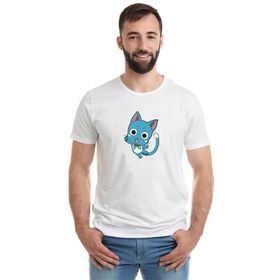 Qivi Tail Happy Happy Fairy Tail Baskılı Beyaz Erkek Örme T-shirt