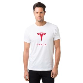 Qivi Tesla Motors Logo Baskılı Beyaz Erkek Örme T-shirt