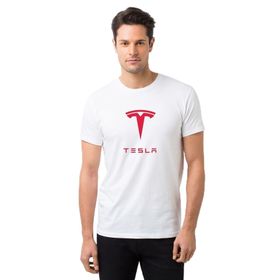 Qivi Tesla Motors Logo Baskılı Beyaz Erkek Örme T-shirt