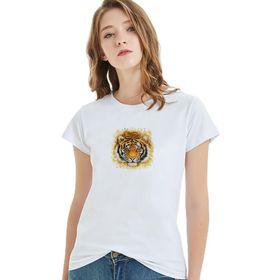 Qivi Turuncu Kaplan Yüz Çizimi Bengal Kaplanı Baskılı Beyaz Örme Kadın T-shirt