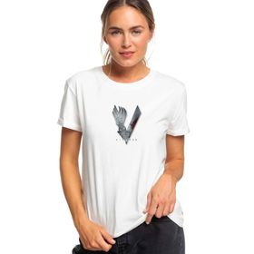 Qivi Vikings Amblem Logo Baskılı Beyaz Örme Kadın T-shirt