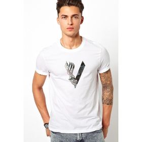 Qivi Vikings V Logo Baskılı Beyaz Erkek Örme T-shirt