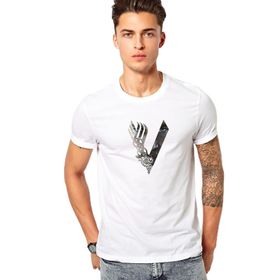 Qivi Vikings V Logo Baskılı Beyaz Erkek Örme T-shirt