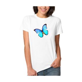 Qivi Watercolor Blue Butterfly Kadın Beyaz T-shirt