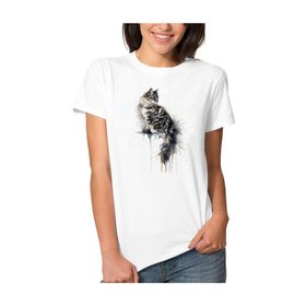 Qivi Watercolor Cat Kadın Beyaz T-shirt
