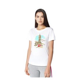 Qivi Watercolor Clock Tower London Baskılı Beyaz Örme Kadın T-shirt