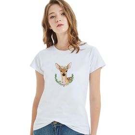 Qivi Watercolor Deer Baskılı Beyaz Örme Kadın T-shirt
