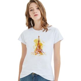 Qivi Watercolor Eiffel Tower Baskılı Beyaz Kadın T-shirt