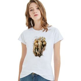 Qivi Watercolor Elephant Baskılı Beyaz Kadın T-shirt