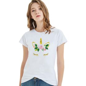 Qivi Watercolor Flowers Unicorn Baskılı Beyaz Kadın T-shirt