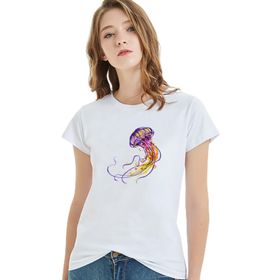 Qivi Watercolor Jellyfish Baskılı Beyaz Kadın T-shirt