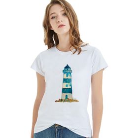 Qivi Watercolor Lighthouse Baskılı Beyaz Kadın T-shirt