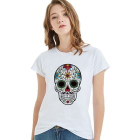 Qivi Watercolor Tattooed Skull Baskılı Beyaz Kadın T-shirt