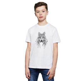 Qivi Wolf Kurt Sibirya Köpek Karakalem Çizim Baskılı Unisex Çocuk Beyaz T-shirt