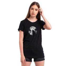 Qivi Wolf Moon Baskılı Siyah Örme Kadın T-shirt