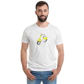 Qivi Yellow White Retro Scooter Baskılı Beyaz Erkek Örme T-shirt