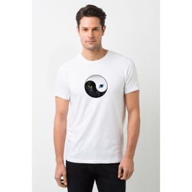 Qivi Ying Yang Cat Kedi Baskılı Beyaz Erkek Örme T-shirt