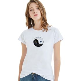 Qivi Ying Yang Cat Kedi Baskılı Beyaz Örme Kadın T-shirt