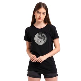 Qivi Ying Yang Upside Baskılı Siyah Örme Kadın T-shirt